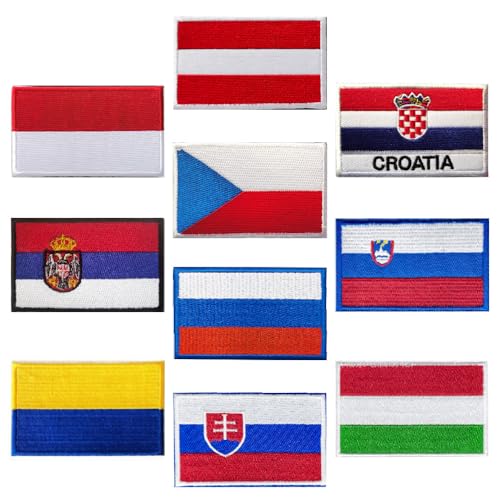 Lot de 10 écussons brodés - Motif drapeau de l'Indonésie, de l'Autriche, de l'Ukraine, de la Slovaquie, de la Hongrie, de la Slovaquie et de la Hongrie - Compatibles avec les jeans, vestes, casquettes
