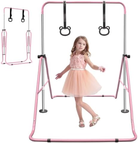 Expandable Gymnastics Bar for Kids, Height Adjustable Junior Training Bar with Rings, Folding Gymnastic Horizontal Bars Equipment for Home