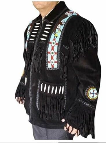 Traditional Western Genuine Suede Leather Jacket Men Native American Beads Black Fringe Cowboy Jacket for Sale