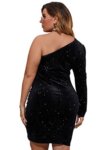 Soly Hux Women's Plus Size One Shoulder Long Sleeve Ruched Wrap Velvet Bodycon Dress Black 2Xl #TOP1