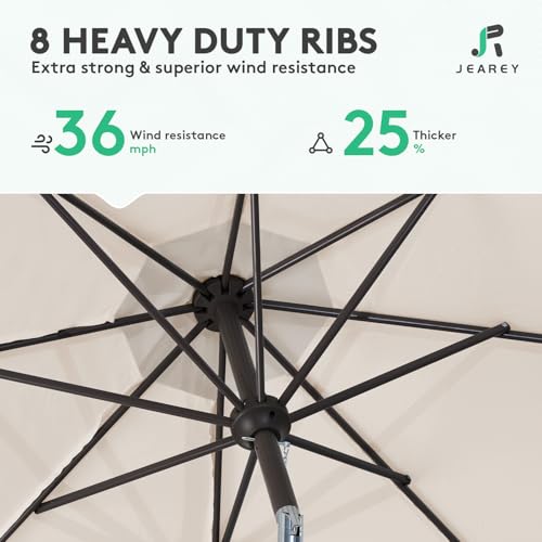 Image of JEAREY 9FT Outdoor Patio Umbrella Outdoor Table Umbrella with Push Button Tilt and Crank, Market Umbrella 8 Sturdy Ribs UV Protection Waterproof for Garden, Deck, Backyard, Pool (Cream Beige)