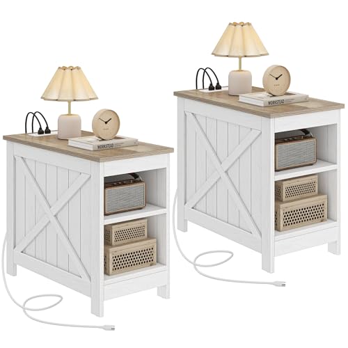GOOBED Farmhouse Nightstand with Charging Station,End Table Set of 2, Beside Table with Storage, Night Stands for Sleeping Room, Living Room, Set of 2, Oak White