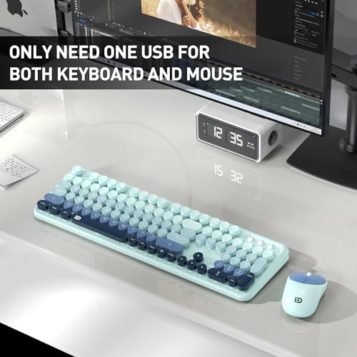 Image of Wireless Keyboards Mouse Combos, Colorful Cute Typewriter Full-Size Retro Round Keycaps, 2.4GHz Cordless Connection Sleep Mode Office Wireless Keyboard and Mouse Set for Desktop Laptop PC Computer