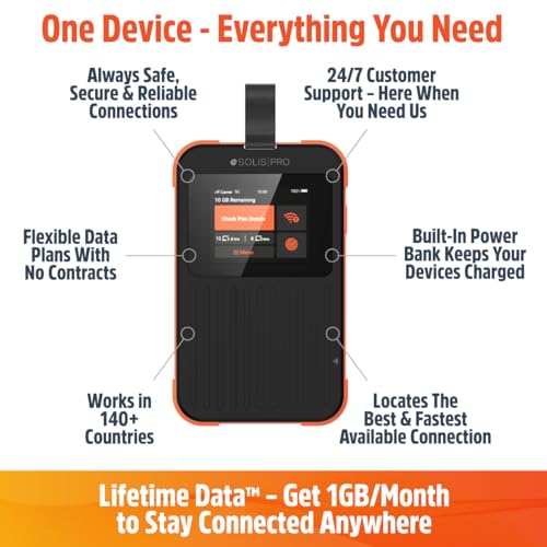 Solis Pro – Mobile 5G Hotspot and Power Bank, Bundle Includes Lifetime Data (12GB Per Year) and 10GB Global Data, Multi-Carrier, Wi-Fi 6E in140+ Countries, No Contract, Portable Internet by SIMO