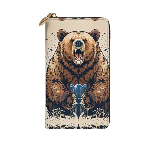 Women's Long Cash Wallet, PU Leather Elegant Clutch Change Purses with Zipper, Travel, Gifts (Powerful Bear Print)2
