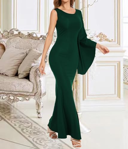 Image of Women's Elegant One Bell Sleeve Side Split Bodycon Long Formal Evening Dress