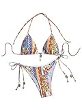 BEAUDRM Women's 2 Piece Floral Boho Bikini Set Y2K Triangle Thong Bikini Halter String Bathing Suit High Cut Cheeky Swimsuit Multicolor Small