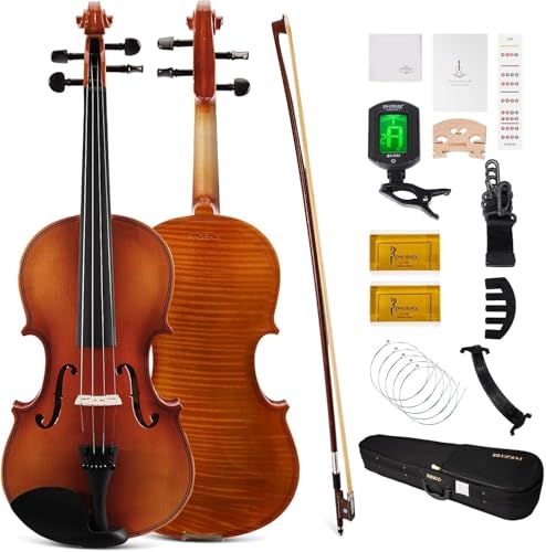 PHOENIX Violon 4/4 adulte Kit complet pour, Ensemble de Violon Pour Débutants Adultes Avec archet En Bois de Rose, Cordes et Chevalet Supplémentaires,Une Série D'accessoires (Plywood, Full)