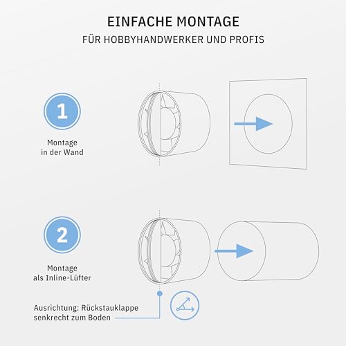 calimaero® INLINE Zuluft-Abluftventilator 100mm, Rohrventilator mit Rückstauklappe, Badlüfter, Grow Tent, Booster Lüfter, Rohreinschublüfter 130m³/h, 12Watt / 34dB / IPX2 / Kunststoff