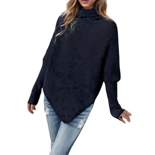 HGps8w Women's Long Sleeve Turtleneck Knit Sweater Asymmetric Hem Oversized Fall Winter Sweaters Casual Pullover Jumper Tops