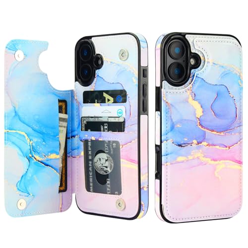 HAOPINSH for iPhone 16 Plus Wallet Case with Card Holder, Pink Blue Marble Pattern Back Flip Folio PU Leather Kickstand Card Slots Case for Women Girls, Double Magnetic Clasp Shockproof Cover 6.7" by HAOPINSH - Used condition - US$14.37
