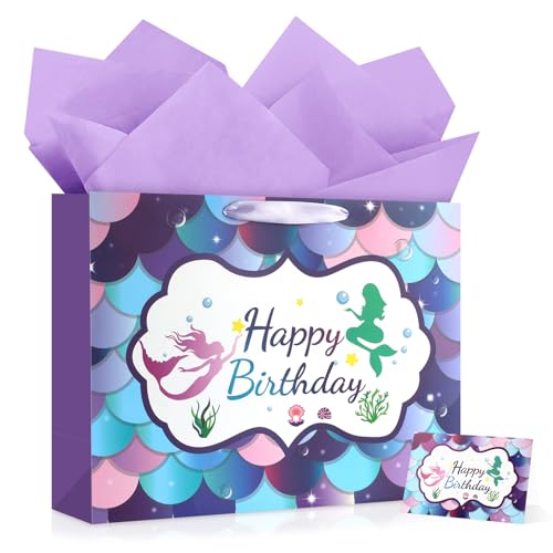 Image of JMANNI Large Happy Birthday Gift Bag with Tissue Papers and Greeting Card,Portable Paper Mermaid Gift Bags with Handles,Purple Present Bags for Women Girls Birthday Party Supplies13 x 10.2 inch x4.7 inch