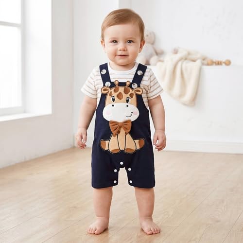 Image of Baby Boy Clothes Striped Romper Cartoon Overall Set 0-18M | Soft Breathable Cotton Romper And Animal Cartoon Overall Shorts Set Offering All-Day Comfort, Daily Wear, Machine Washable