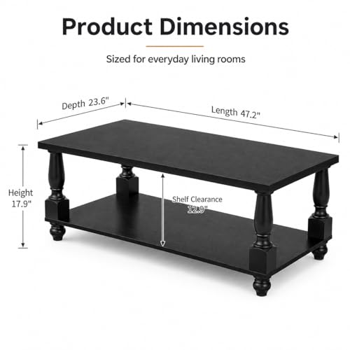 Image of Homieasy 47 inch Farmhouse Coffee Table with Storage, Rectangular Wood Center Table with Solid Wood Turned Legs & Thickened Top, 2-Tier Cocktail Sofa Table for Living Room, Black