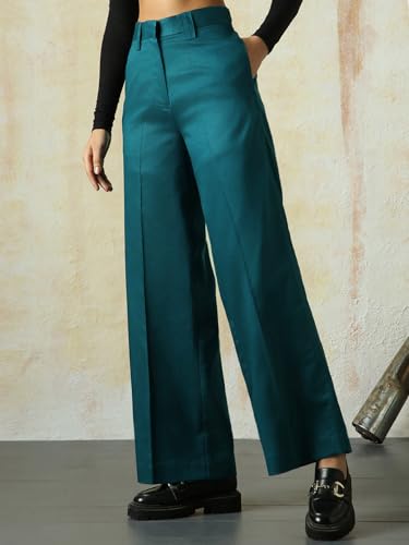 Image of High Star Women High Rise Solid Regular Length Wide Leg Casual Trousers