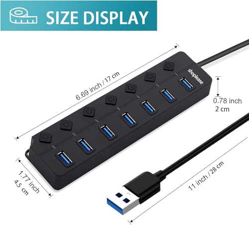 Image of USB Hub 3.0 7-Port with 5Gbps High-Speed Data Transfer and 1 Charging-Only Port 12W, 5V /3A Power Adapter, Long Cable, LED On /Off Switches for Laptop PC Flash Drive SSD HDD Keyboard Mouse