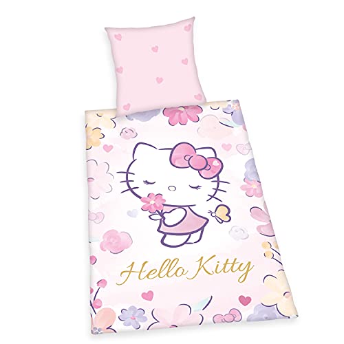 Herding Parure de Lit Hello Kitty, Réversible, Taie d'Oreiller 80 x 80 cm, Housse de Couette 135 x 200 cm, Avec Fermeture Éclair de Marque, 100% Coton/Linon