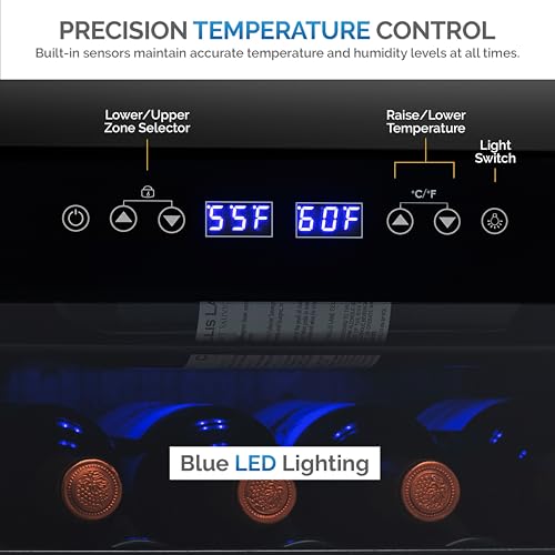 NewAir 19" Dual Zone Wine Fridge for 28 Bottles | Built-In or Freestanding Wine Cooler Refrigerator with Glass Door | Quiet Compressor Cooling & Exterior Digital Thermostat | Stainless Steel