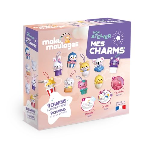 Mako Moulages - Mon Atelier Mes Charms - Kit Créatif DIY Complet - Moule 9 Figurines Animaux Kawaii en Plâtre - Création de Porte-Clés et Bijoux de Sac -...