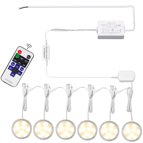 AIBOO Linkable Under Cabinet LED Lighting Direct Wired 12V Slim Aluminum Dimmable Puck Lights with RF Remote Control for Kitchen Cabinets Counter, Closet Lights(6 Kit, Warm White, NO Wall Plug)