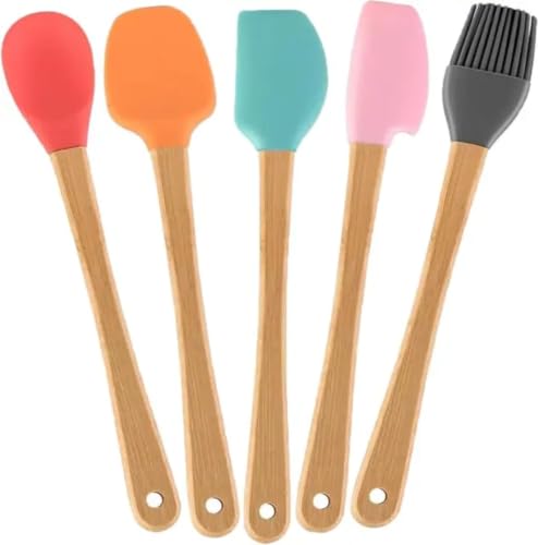 Image of Dribble Mini Silicone Spatula Set with Bamboo Handles | 5-Piece Non-Stick Heat Resistant Kitchen Utensil Set | Food Grade Silicone Cooking Spatulas for Baking, Mixing, Scraping & Cooking