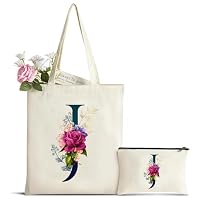 Sac Fourre-Tout en Toile avec Initiale Fleur, Personnalisés Sac Tote bag en Toile Coton Trousse de Maquillage, Idéal pour Mariage Anniversaire Noël, Cadeau pour Femmes Amis Maman Sœurs K