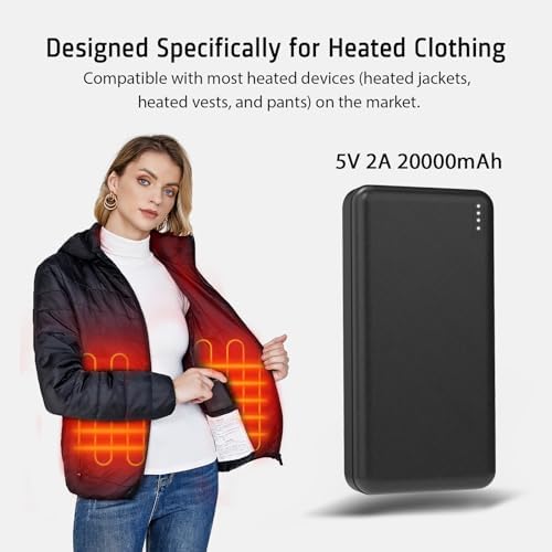 5V2A 20000mAh Battery Pack for Heated Vest Heated Jacket Power Bank for Heating Electric Vests Jackets Coat Hoodies Battery Pack for Man Women Heated Clothing (Not suit for 7.4V Heated Clothing)