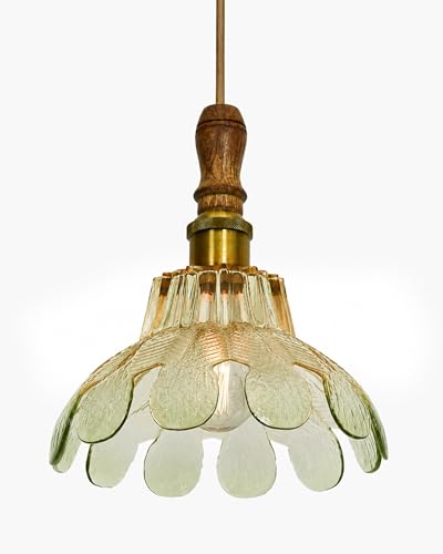 Image of Homesake Botanica Pendant Lamp | Petal Scalloped Glass Hanging Light with Solid Wood Top | Vintage European Ceiling Fixture, Pendant Light for Home Decor, Hallway, Foyer & Balcony, (Petal, Green)