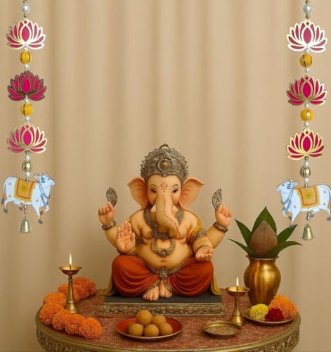 Image of Temple Decoration Item| Backdrop for Pooja Decor| Diwali Decoration Item| Hanging for Home Decoration| Wall Hanging Temple| Lotus Hanging for Home Decor| Ganpati Decor| (2, Lotus & Cow)