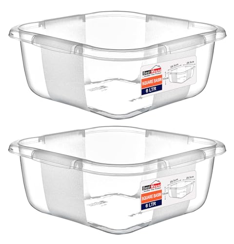 Best House | Plastic Washing up Bowl Basin | Small Square Kitchen Basin Wash Bowl | 6 Litres | Clear | 2 pcs | Multipurpose Bath Tub/Washing Tub for Kitchen, Bathroom, and Household Use (Pack of 2)
