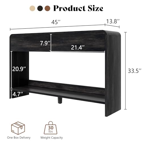 Image of AMERLIFE 45 inch Modern Console Table with 2 Storage Drawers and Open Shelf, Wooden Entryway Table with Curved Edges, Sofa Table Behind Couch for Hallway, Foyer, Entrance, Living Room, Black