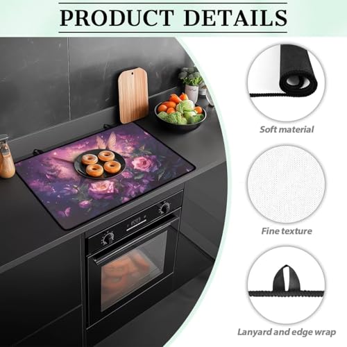 Image of Hummingbird Rose Stove Top Covers for Electric Stove, Heat Resistant Silicone Insulation Mat for Glass Top Burner, Anti-Slip Dish Drying Mats for Kitchen, Thick Induction Cooktop Protector