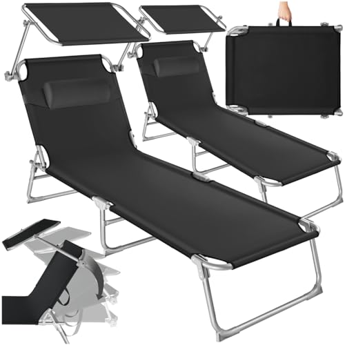 TecTake® Set 2X Lettino Pieghevole, Lettini Prendisole Pieghevoli Sdraio con Parasole, Schienale Regolabile 4 Posizioni, Rivestimento Resistente, Giardino Spiaggia Lettini Prendisole Mare - Nero