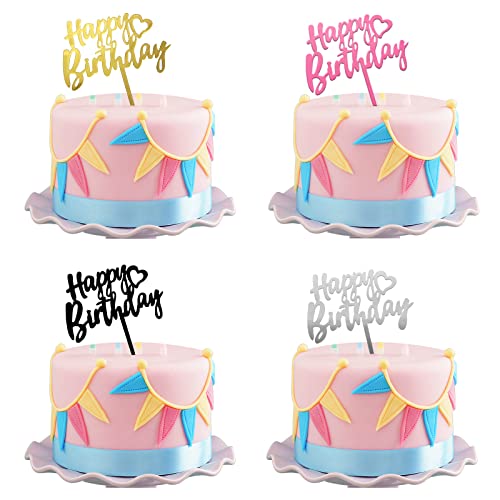 XINCHENG Cake Topper Happy Birthday, Decoration Gateau Anniversaire, Happy Birthday Decoration Gateau, Acrylique Paillettes Cake Toppers(Argent, Or, Noir, Rouge * 2) Cover