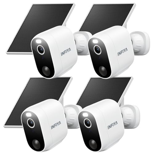 Wireless outdoor security camera system featuring four 2K cameras with solar panels for sustainable power, designed for enhanced home security.