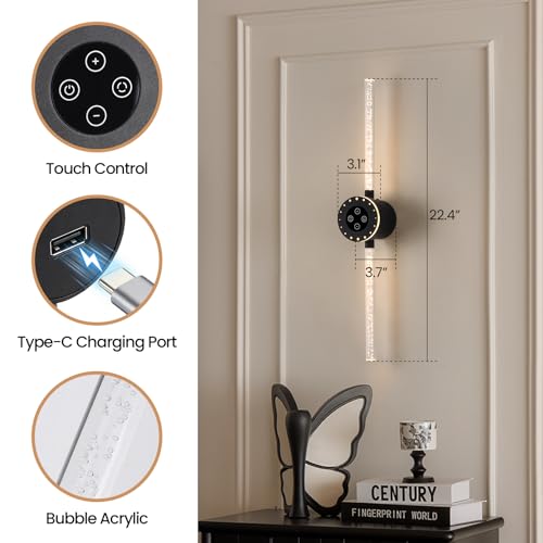 Image of Wireless Wall Sconces Set of 2, Black Battery Operated Wall Lamps with 8000mAh Battery, Rechargeable Dimmable LED Wall Lights, Touch /Remote Control, 360Rotate, 22.5 Inch