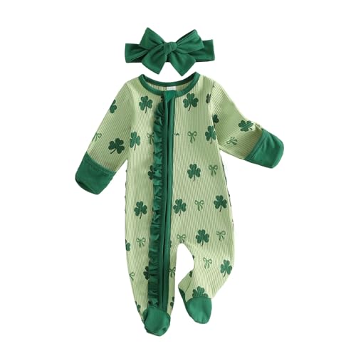 Ayalinggo St Patricks Day Baby Girl Outfit Infant Newborn Footie Waffle Knit Romper Zippers Ruffle Jumpsuit Shamrock Clothes (Green 6-12 Months)