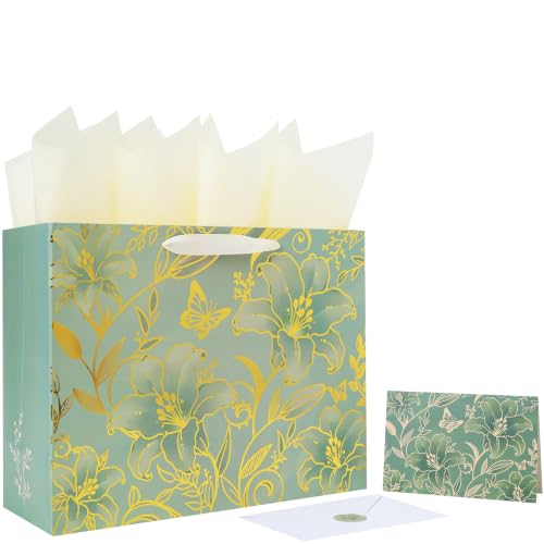 13'' Large Green Floral Gift Bag Set with Handles, Greeting Card, Tissue Papers and Stickers for Women Girls for Birthdays, Valentine's Day, Weddings, Anniversaries, Mother's Day, Flowers Design, 1 Pcs
