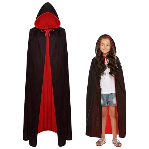 Capa de vampiro infantil, capa de vampiro de Halloween com capuz para meninos e meninas, preta e vermelha de dupla face, para disfarce de vampiro de carnaval de Halloween para crianças