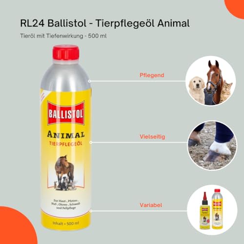 RL24 Ballistol - Tierpflegeöl Animal | Tieröl mit Tiefenwirkung | sanfte Pflege für Pferde, Hunde, Katzen & Co. | ideale Schweif-, Fell- & Hufpflege | für Heim-, Hof- & Haustiere | 1 x 500 ml