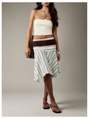 Milumia Women's Striped Low Waist Flowy Midi Skirt Ruffle Asymmetrical Knee Length Skirts4