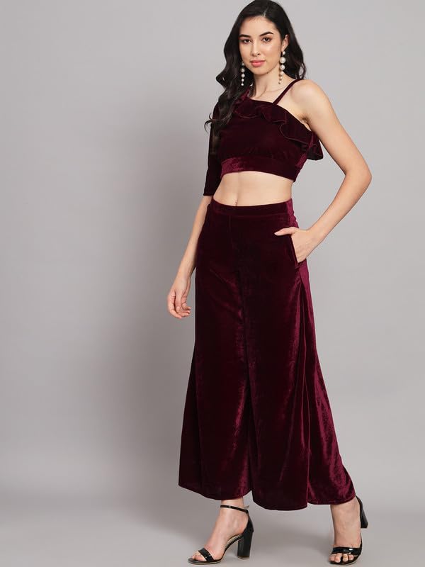 Image of Vaararo Velvet Co-Ords for Women | One Sleeve Crop Top with Palazzo Set Casual Party Dress