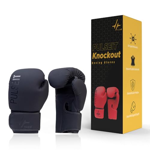 Image of Pulseit Boxing Gloves for Men & Women | Premium PU Leather | Training, Sparring, Kickboxing, Muay Thai & MMA | Multi-Layer Foam Padding, Wrist Support, Breathable (Black)