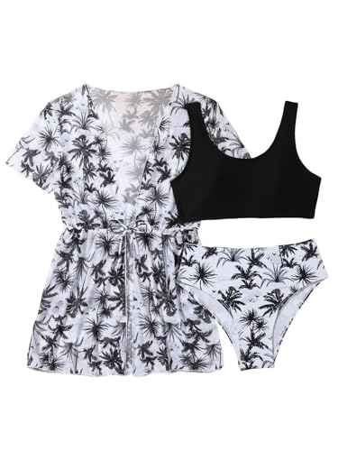 Image of Girl's 3 Piece Bikini Set Tropical Leaf Print Swimwear Bathing Suit Swimsuit with Kimono Cover Up Black 10Y