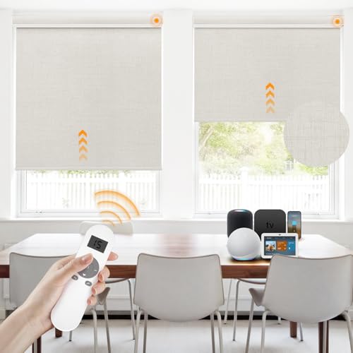 Motorized Blinds with Remote,100% Blackout Roller Shades Compatible with The Smart Homes of Google,Apple,Alexa and Samsung via Matter or Hub,Electric Blinds with Remote for Windows,Customized,Beige