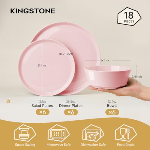 Image of KINGSTONE 18-Piece Bone China Dinnerware Sets, Blush Pink | Lightweight Plates & Bowls Set | Straight Rim Bowl Dinner Set | Scratch Resistant | Microwave & Dishwasher Safe | Serves 6