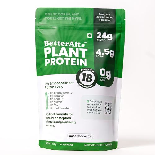 BetterAlt Plant Protein Powder 500g| 24g Protein, 4.5g BCAAs |Pea & Fermented Yeast Protein |No Bloat, No Chalkiness, Gut Friendly |0g Added Sugar |Vegan, Gluten Free |Smooth Cocoa Chocolate Flavour