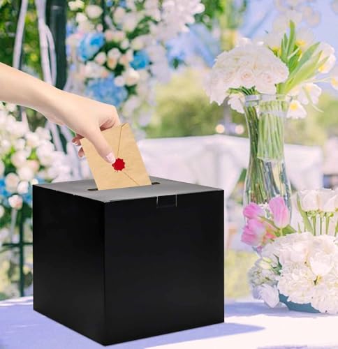 Image of SietDESEO Black Card Box for Party 9.8 inch x 9.8 inch Large Gift Card Box Holder for Wedding Reception Baby Shower Birthday Graduation Card Box