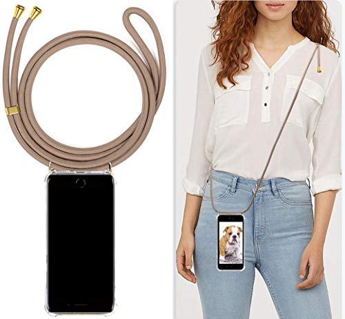 Viribus-de Cadena para teléfono móvil compatible con iPhone 7 Plus/8 Plus – Smartphone Necklace Case Plus Band – Cuerda con funda para colgar (beige – cordón dorado)