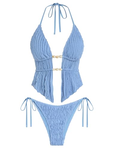 Image of ZAFUL Halter Swimsuits for Women Textured Backless 2 Piece Bathing Suits Cheeky High Cut String Tie Side Bikini Sets